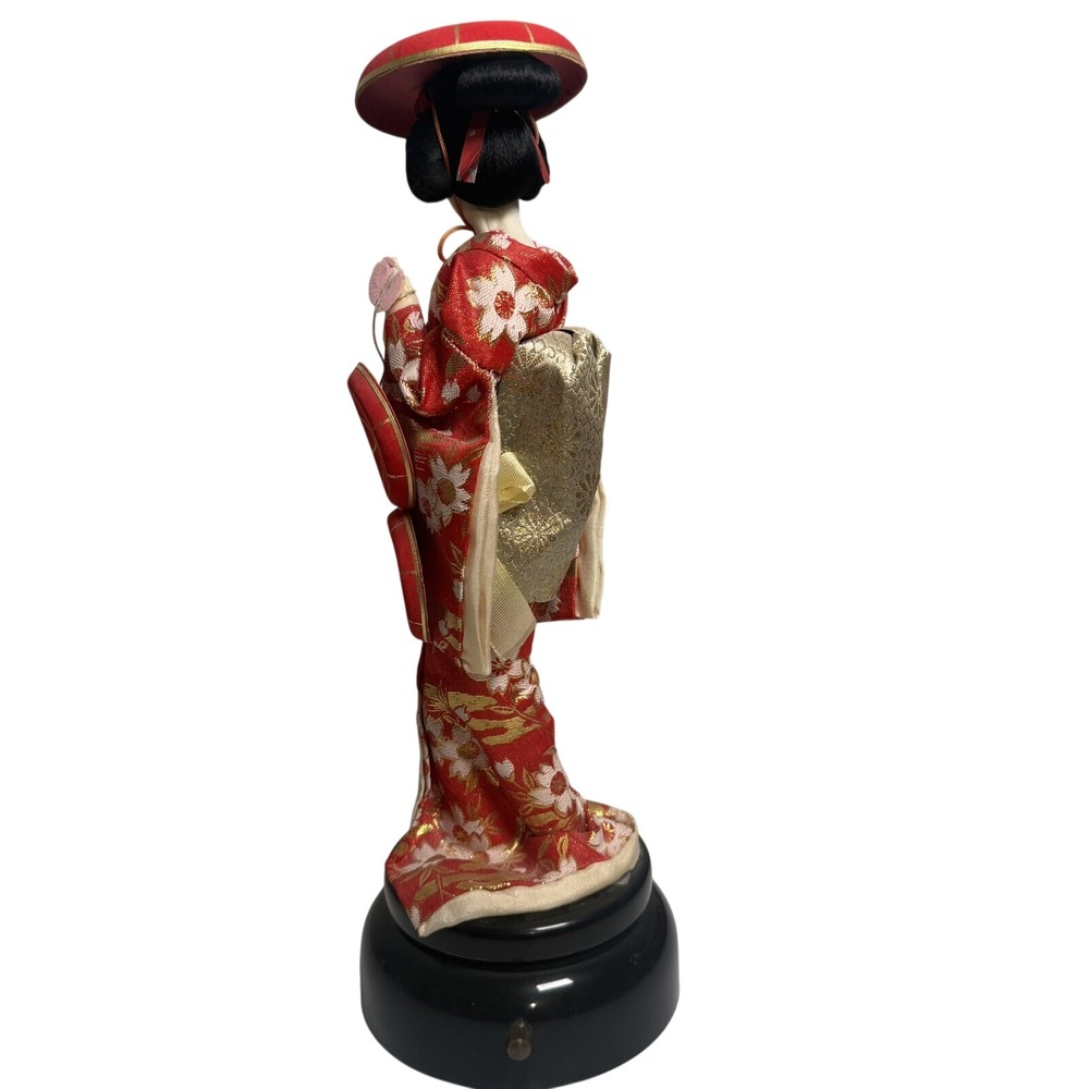 Vintage Japanese Geisha Doll Music Box Red Silk Kimono Rotating Musical Decor - Picture 3 of 6